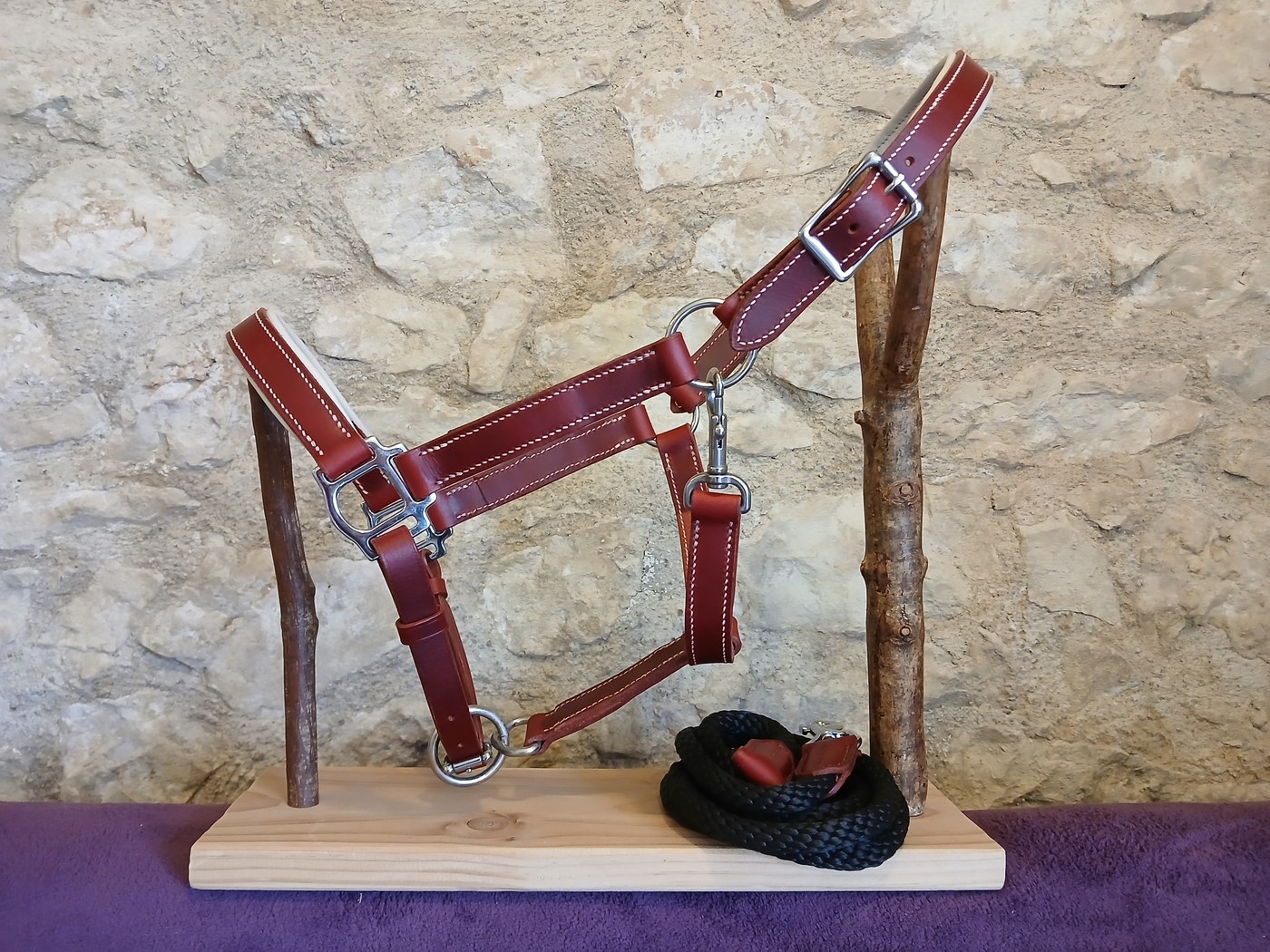 Licol en cuir bordeaux avec longe en corde noire